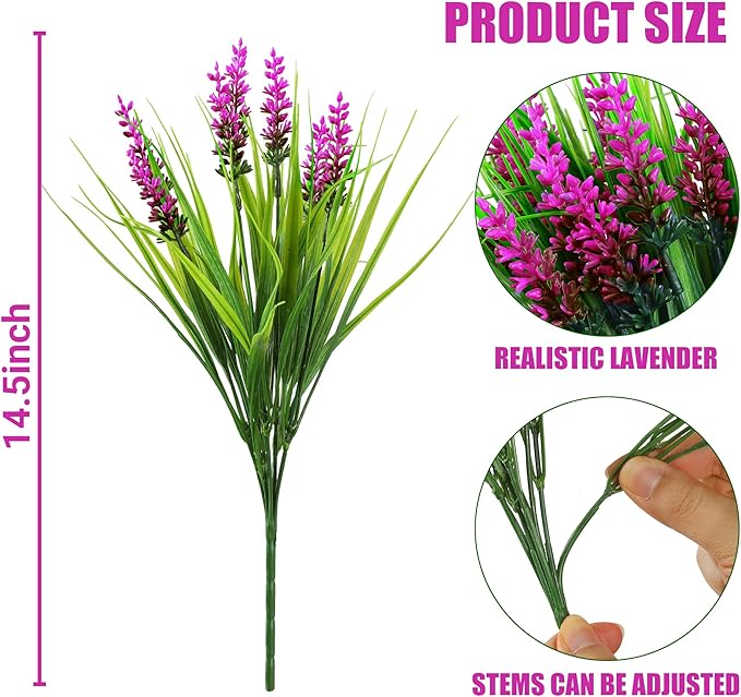Sggvecsy 24 Bundles Artificial Plants Outdoor Faux Lavender Flowers Fake Monkey Grass UV Resistant Plastic Greenery Plants for Garden Home Porch Window Patio Hanging Planter Indoor Decor (Magenta)