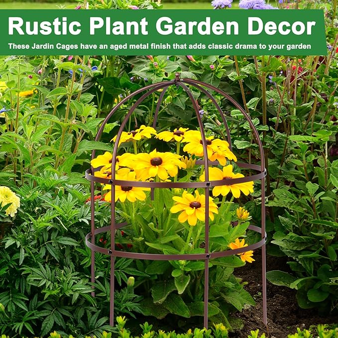 2 Pcs Jardin Bird Cage Plant Support 24" H Large Sturdy Grow-Through Flower Support Peony Cage Climbing Plant Support Trellis Sculptural Garden Decor for Perennial Flowers (Vintage Gold)