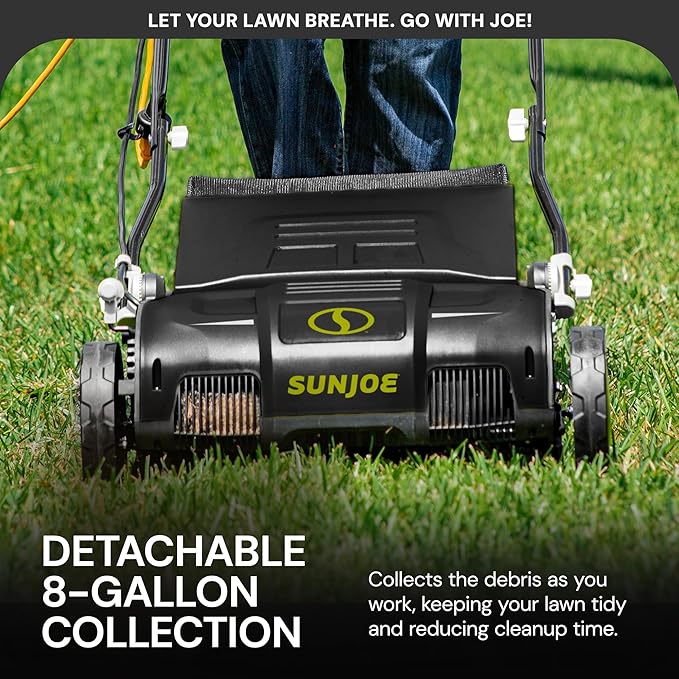 Sun Joe Corded Electric Dethatcher & Scarifier with 8-Gal Bag, 12.6-Inch Cutting Width, 12-Amp Motor - Heavy-Duty Yard Trimmer for Gardening Care and Lawn Maintenance, AJ801E