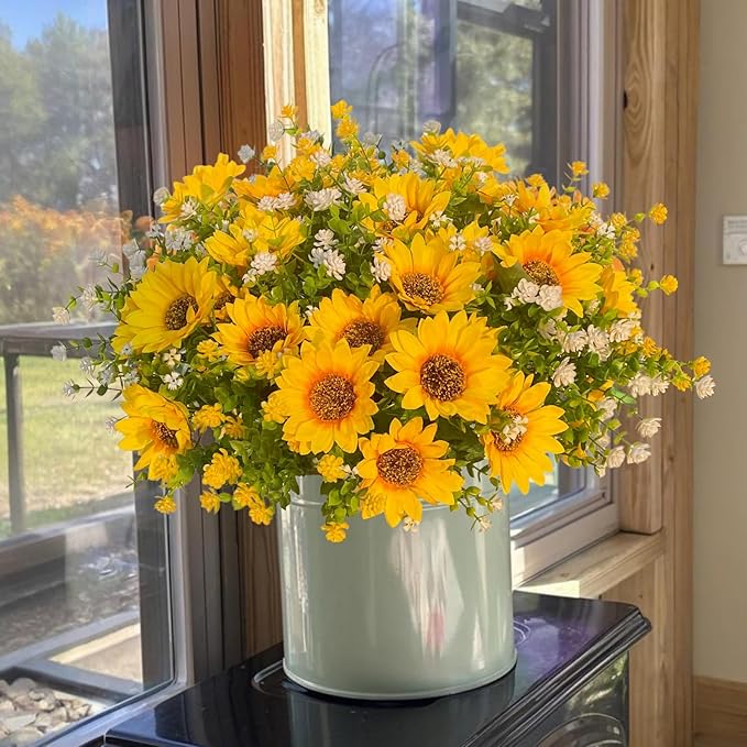 Artificial Sunflowers Faux Flowers Plants for Spring Outdoor UV Resistant, Fake Silk Realistic Yellow Sun Flowers for Easter Outside Porch Planters Patio Home Decoration, 8 Bundles