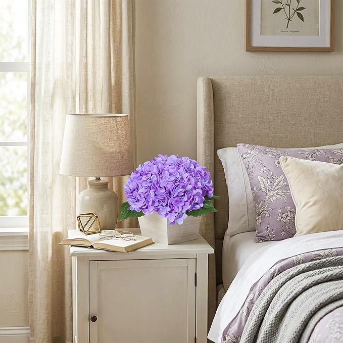 Artificial Hydrangea Flowers Arrangement in Wood Planter, 4PCS Fake Purple Flowers in Wooden Vase Potted Floral Centerpieces for Tables Living Room Home Office Room Shelf Kitchen Decor