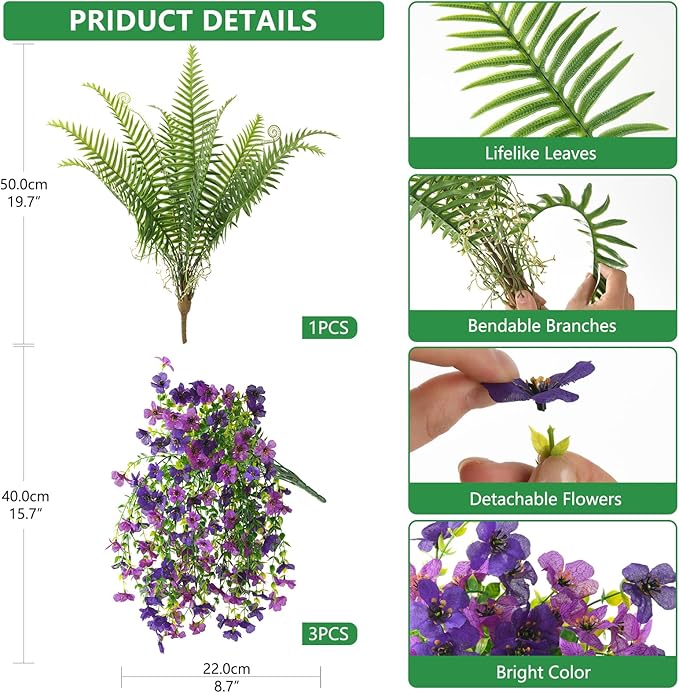 INQCMY Artificial Fake Hanging Flowers with Fake Fern for Outdoors UV Resistant Artificial Plants Spring Decor Look Real Faux Flowers for Outside Home Planter Porch Patio Decor