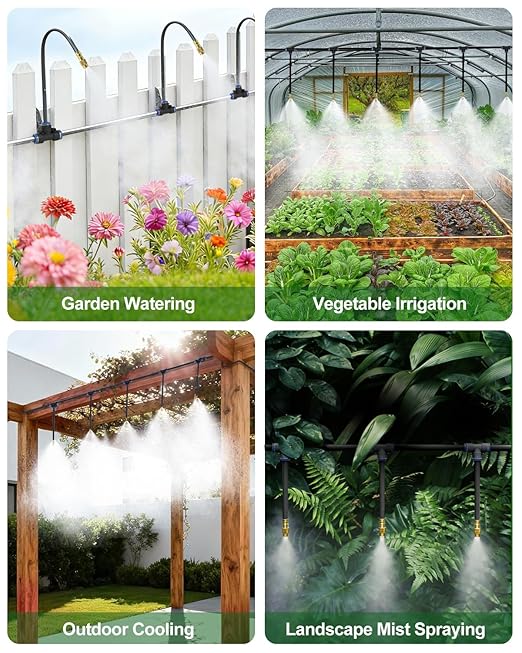 360° Adjustable Drip Irrigation System - 200FT Garden Watering System with 32 Nozzles, Garden Irrigation System, Greenhouse Accessories, Atomizing System for Yard, Lawn, Plants, 5/16 inch Hose