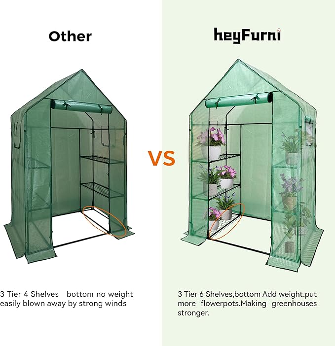 Heyfurni Walk in Greenhouse with Shelves,Walk-in Plant Green House with Durable Green PE Cover, 3 Tiers 6 Shelves Stands with Ground Pegs & Ropes for Stability, 56"x28"x76"
