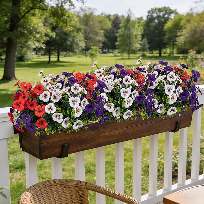 17 Inch Artificial Faux Pansy Flowers for Outdoor,Fake Pansies Flowers with Eucalyptus Leaves Fake Plants Greenery Boxwood Porch Patio Decor 6 Bundles(Dark Purple,Red,White)