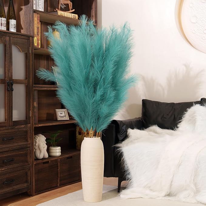 Premium Faux Teal Pampas Grass – 55" Tall Ultra-Fluffy 24-Branch One-Piece Stems No Assembly, Luxury Silk-Feel Feather Flowers for Boho Coastal Tropical Home Decor (Peacock Teal, 8 Stems)