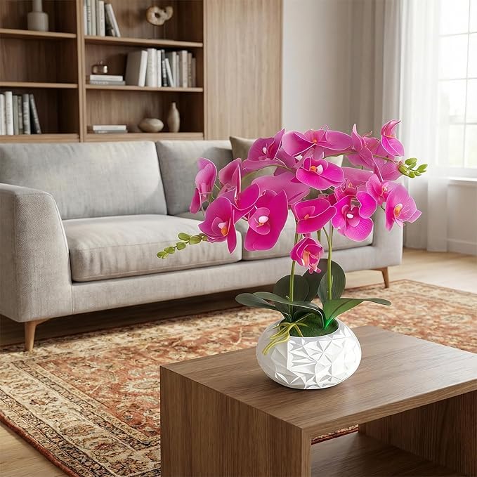 Artificial Orchid with 3D Printed Vase, 24 Stems Realistic Fake Phalaenopsis, Adjustable Silk Flowers for Home Decor, Wedding Table Centerpieces, 20 Inches Tall, Dark Purple