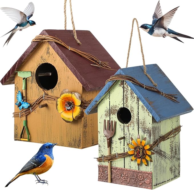 DoubleFill 2 Pcs Birdhouses for Outdoor Hanging Yard Outside Wooden Birdhouse Hand Painted Bird Box for Bird Lovers Bluebird Tree Garden Decor Decorative Birdhouse(Blue,Yellow,Wooden Roof)