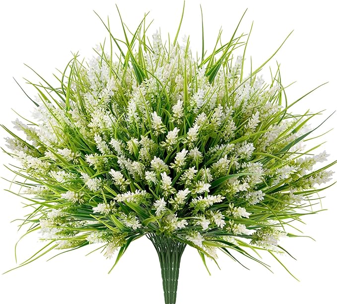 20 Bundles Artificial Plants Outdoor, UV Resistant Fake Flowers， Realistic Faux Lavender Shrubs for Porch Garden Window Box Home Decoration (White)