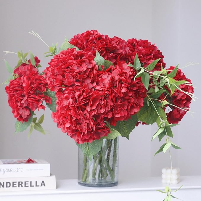 Buart 4PCS Long Stem Big Size Flowers Artificial Silk Hydrangea Lifelike Flowers Real Touch Red Artificial Flowers Wedding Shower Bride Bouquets Office Living Room Table Decorations (21 Inch)