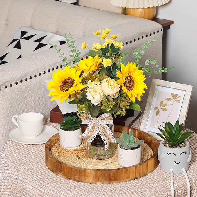CEWOR Fake Flowers in Vase, Artificial Flowers with Vase Faux Silk Floral Arrangement Table Centerpieces Decor for Home Office Dining Farmhouse Coffee Table Living Room Bathroom Plant Decor(Yellow)