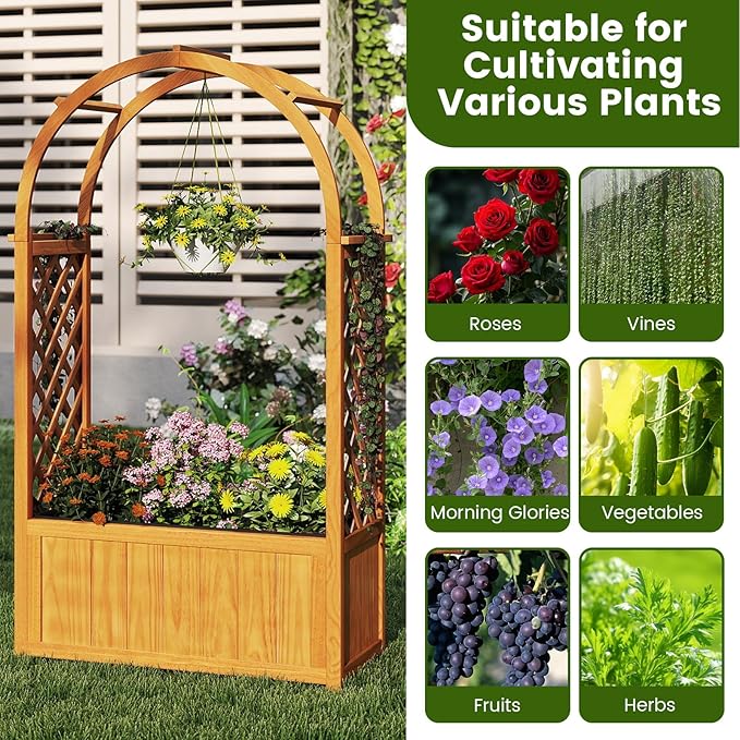 Giantex Set of 2 Raised Garden Bed with Arch Lattice Trellis, for Climbing Vine Flower Vegetable, Wood Planter Box with Liner & Drainage Design, Outdoor Plant Container for Yard Balcony (33"x15"x57")