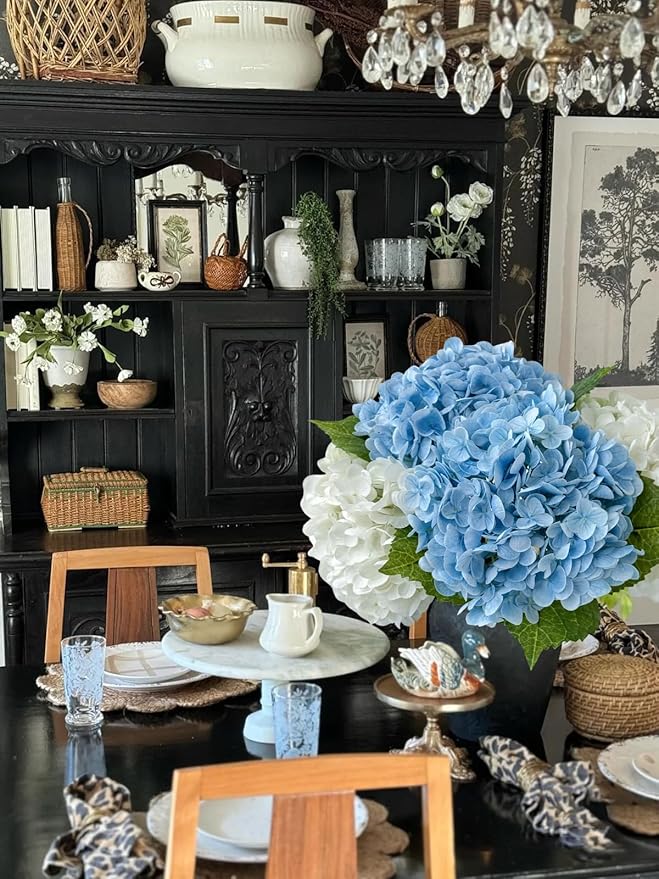 ZYTUYO 3 PCS Light Blue Artificial Hydrangea Fake Flowers 21'' Latex Lifelike Real Touch Large Bouquet Head with Long Stems Leaves for Centerpieces Party Home Wedding Silk Xmas Floral Decor