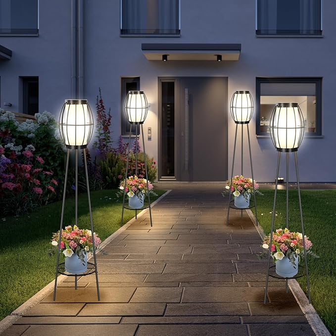 Outdoor Solar Lights with Plant Stands, 37" Metal Solar Powered Outdoor Floor Lamp Waterproof Auto On/Off, Outdoor Floor Lamps for Yard Deck Patio Porch Walkway Driveway Garden Decor