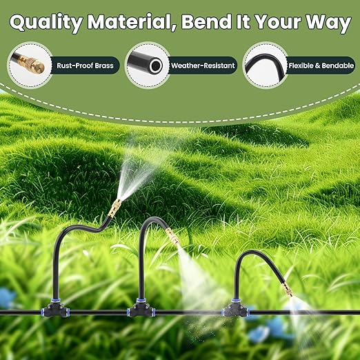 Automatic Drip Irrigation Kits - Garden Watering System with 360° Bendable Spray Adjustable Copper Atomizing Nozzles for Yard, Lawn, Raised Bed, Greenhouse, Potted Plants (24 Nozzles, 100FT Hose)