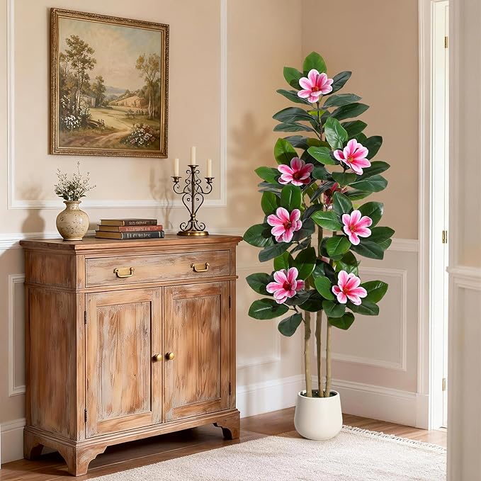 Fiddle Leaf Fig Tree 5FT Tall Artificial Plant, Large Fake Tree in White Planter, Faux Rubber Tree Fake Floor Plant with Magnolia Flowers - Artificial Tree for Home Office Living Room Decor, Pink