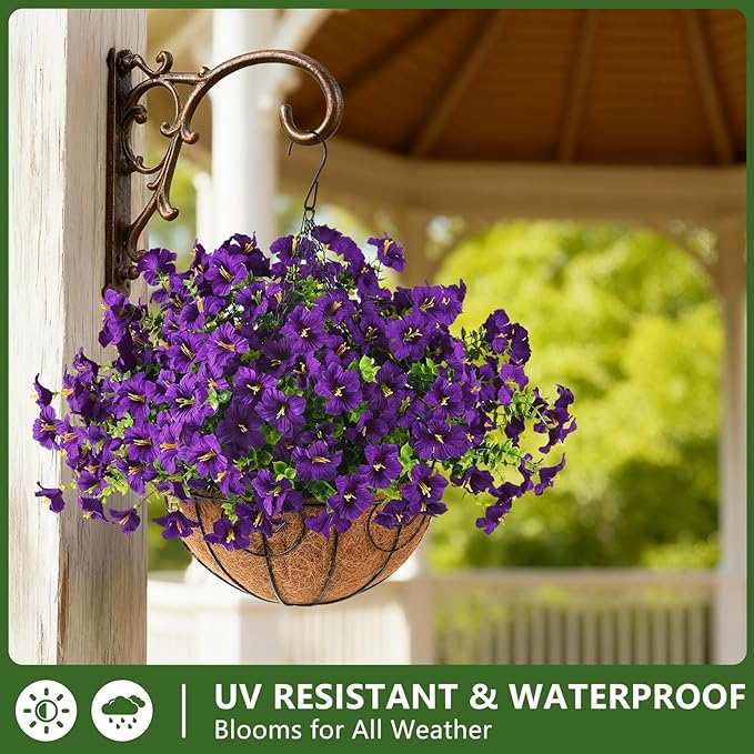 INQCMY Artificial Fake Petunias Flowers for Outdoors Spring Summer Decoration, 12 Bundles Faux Flower Plants UV Resistant Purple Realistic Silk Flower for Outside Planters Patio Porch Yard Window Box