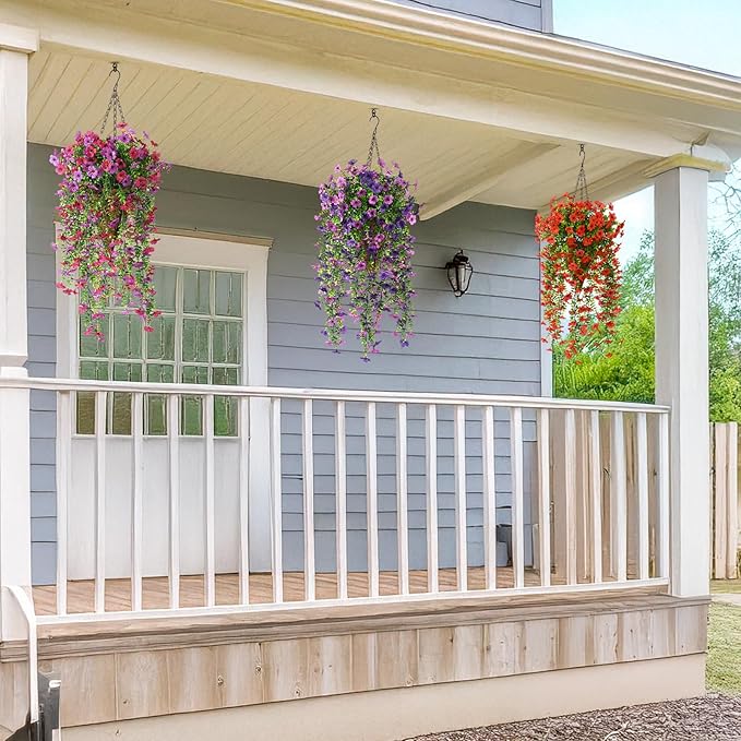 Artificial Hanging Flowers for Outdoors, 2 Pcs Fake Hanging Plant Spring Summer Decor, UV Resistant No Fade Faux Silk Daisy Flower for Planter Front Door Porch Patio Yard Garden(Double Purple)
