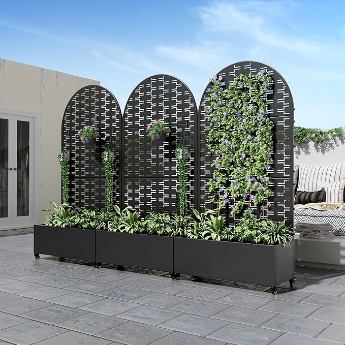 Casaphoria Metal Raised Garden Bed with Trellis and Wheels, 72"x35"x16" Arched Planter Box for Climbing Plants, Vegetables & Vines, Features Drainage Holes and Privacy Screen (Black-Brick)