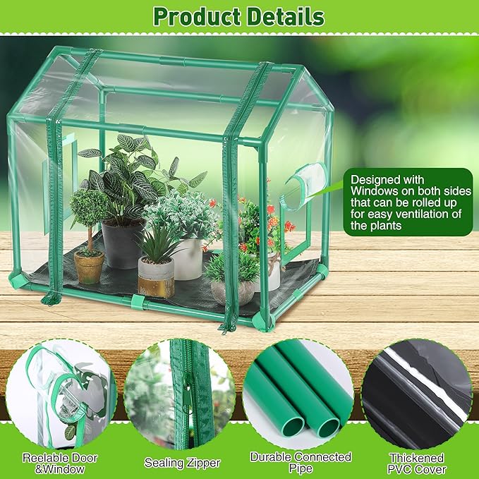 Mini Greenhouse with Potting Mat for Indoor Plant, Heavy Duty Portable Green House with Waterproof Pot Pad for Small Plants, Clear Small Plant Tent for Seed Humidity (Green)