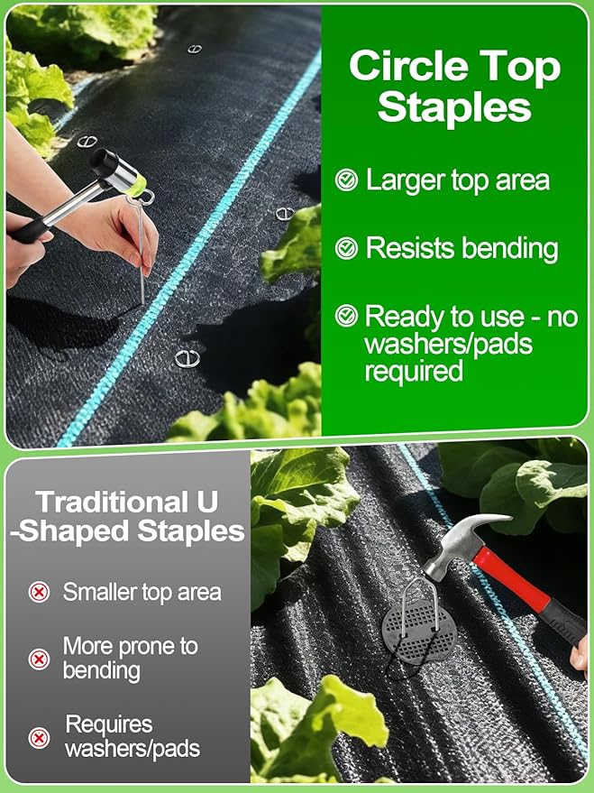 12 Inch Landscape Staples with Hook & Hammer - 120pcs Circle Top Weed Barrier Stakes Kit, 9 Gauge Galvanized Rust-Resistant Garden Fabric Pins, for SOD, Garden Edging, Install & Remove Tools Included