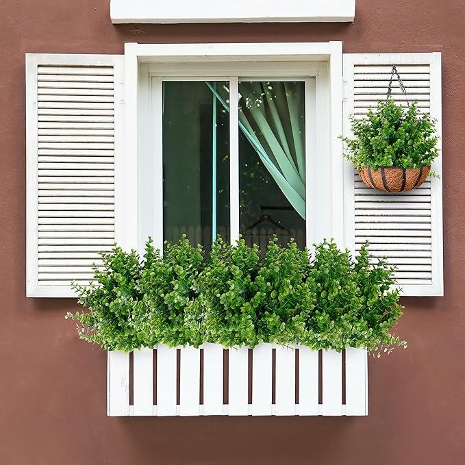 Sggvecsy Artificial Flowers for Outdoors 24 Bundles UV Resistant Boxwood Shrubs Artificial Eucalyptus Fake Plants Faux Plastic Greenery for Farmhouse Garden Indoor Outdoor Home Wedding Decoration