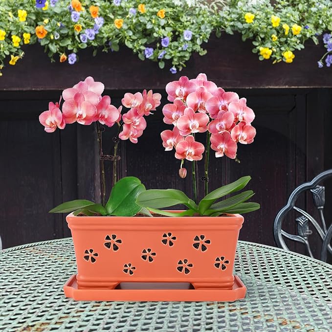Rectangle Ceramic Orchid Pot 10In Orchid Pots with Holes for Premium Ceramic Orchid Planter for Indoor and Outdoor Use Drainage & Air Circulation Red Orchid Planter for Repotting or New Plants
