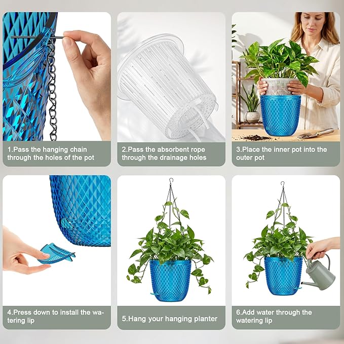 QCQHDU Self Watering Hanging Pots, 2 Pack 5.7 Inch Hanging Planters for Plants Indoor, Flower Pots with Drainage Holes and 3 Hooks Chains for Garden Home (Klein Blue)