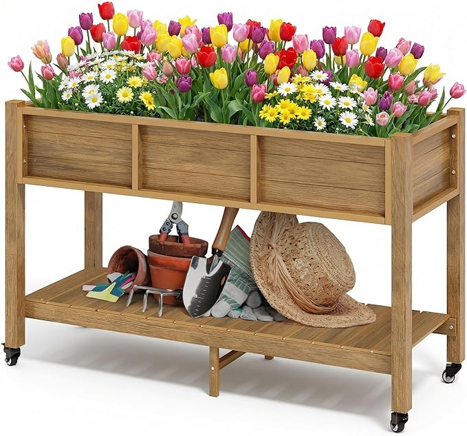 DWVO 47x18x31in Raised Garden Bed Outdoor HDPE with Legs and Lockable Wheels, Weather-Resistant Poly-Wood Elevated Planter Box, Double Tier Planters for Backyard Patio Balcony, Brown