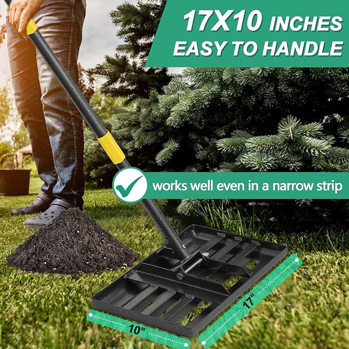 Lawn Leveling Rake, 17x10 Heavy Duty Lawn Leveler with Adjustable Handle Dirt Ground Level Tool for Yard Garden (60 Inch)