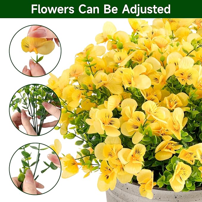 Artificial Flowers for Outdoor, UV Resistant Fake Silk Pansies Flowers, Realistic Faux Plants for Outside Indoor Porch Patio Window Box Planter Home Decor (16, Yellow)