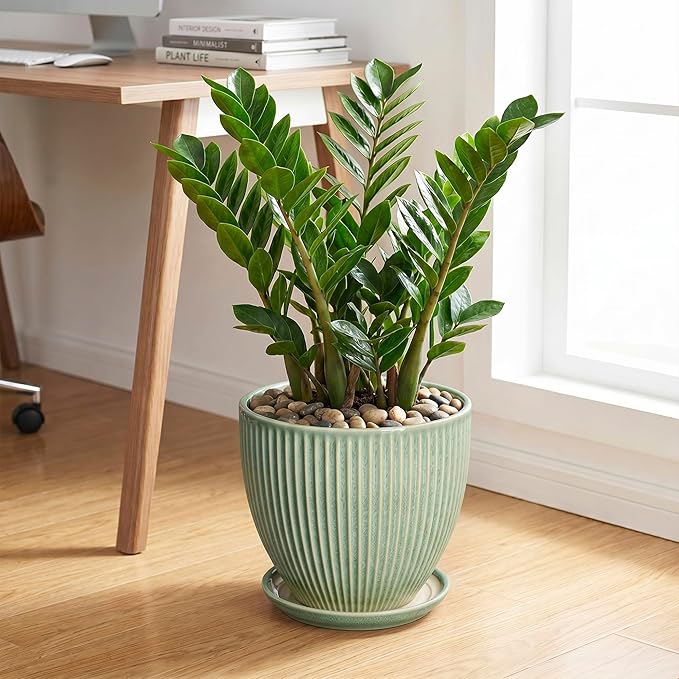 Ceramic Flower Pots, 10 Inch Plant Pot for Indoor Plants, Modern Round Planters with Drainage Hole and Saucer, Decorative Pots for Plants Indoor, Garden Home Decor, Plant Lover Gifts, Green