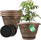 Fodetyff 14 Inch Large Planter Pot for Plants Indoor Outdoor, 4 Pack Plastic Flower Pots with Drainage Hole & Tray, Modern Decorative Garden Pot with Saucer, Plant Container for House