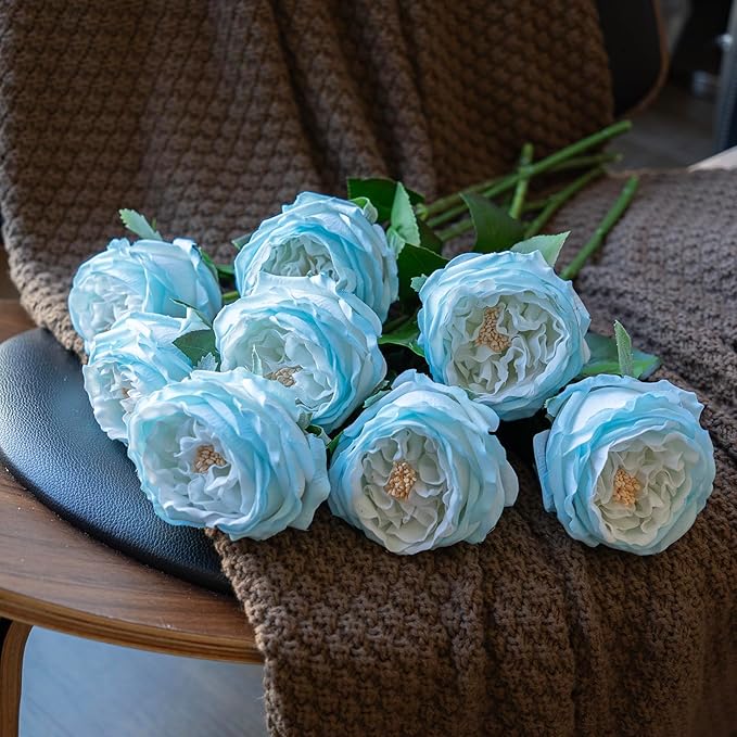 DUYONE Fake Flowers for Decoration Home Decor Artificial Flowers Austin Rose Peony Latex Fake Flower Living Room Decoration Vivid Pink Roses Peonies (Ice Blue 4pcs)