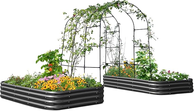 KING BIRD Raised Garden Bed with Arched Trellis Galvanized Planter Garden Box Outdoor for Gardening, Climbing Vegetables, Flowers 2PCS 7.87x3.94x0.98 Ft, Dark Grey
