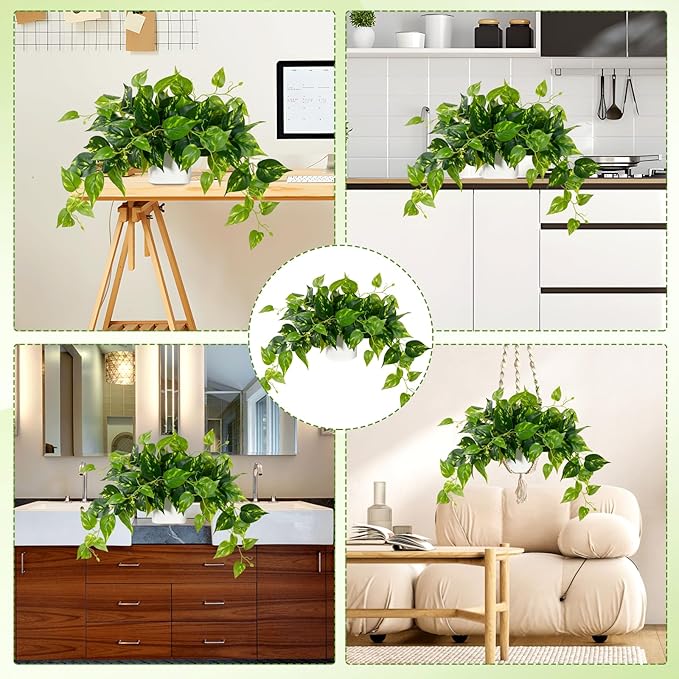 Waipfaru Fake Plants Artificial Plants Indoor, Realistic Artificial Hanging Fake Pothos with Plastic Pots, Faux Pothos for Home Shelf Bathroom Kitchen Office Indoor Outdoor Decor
