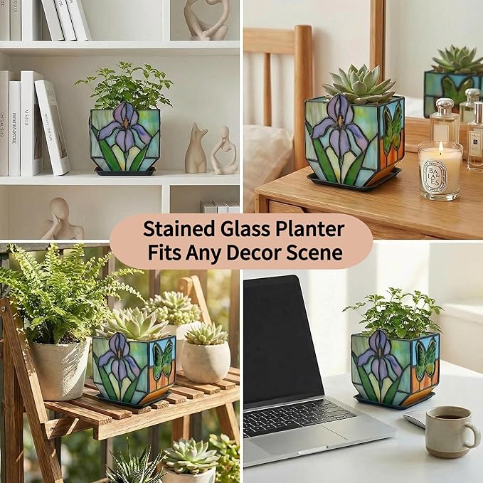 Handmade Tiffany Style Stained Glass Iris Planter, Decorative Succulent Pot with Drainage, Indoor Plant Pot for Home Decor, Unique Gardening Gift for Plant Lovers, Mom, Women