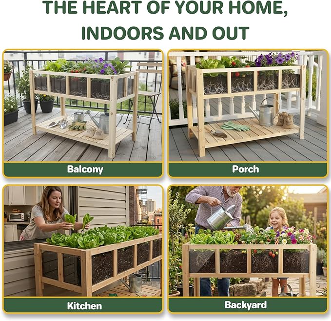 Raised Garden Bed Outdoor with Shelf, 43.7''x23.2''x30.7''Wood Planter Box with Transparent Window, Drainage Holes, Liner, Garden Beds Flower Stand for Balcony Kitchen, Gift for Gardening