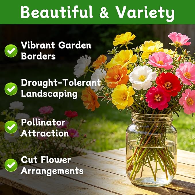 Moss Rose Seeds, 40,000+ Bulk Flower Seeds for Planting Outdoors(99% Pure Live, Non-GMO), Mixed Colors and Large Blooms, Attracts Pollinators, Easy to Grow
