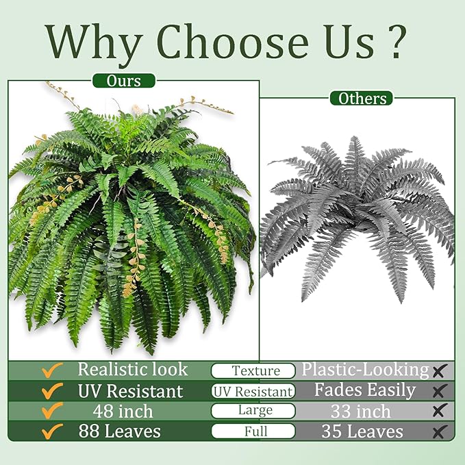 2pcs 48in 88 Blades Artificial Boston Ferns for Outdoors Large, UV Resistant Faux Outdoor Plants,Weatherproof Fake Ferns Plants Outdoor Indoor for Garden Porch Patio Home Decor