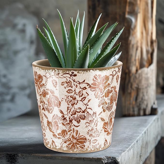 Beeveer Farmhouse Ceramic Planter 5.5 Inch Large Plants Pot Crack Beige Brown Flowers Plant Pots with Drainage Hole Indoor Plants Kitchen Rustic Antique Decor Gift