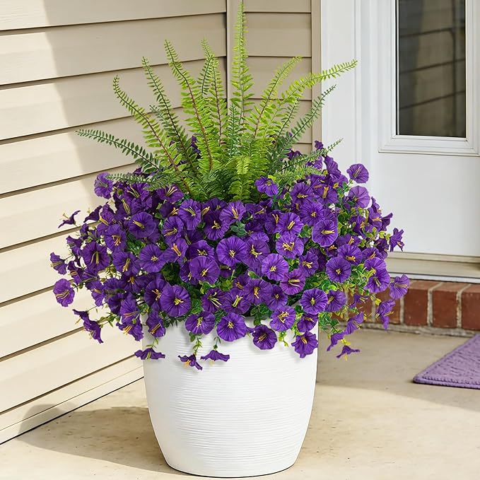 Hrobek Artificial Flowers for Outdoors Faux Plants Outside Indoor,UV Resistant Silk Fake Petunia Ferns for Home Patio Garden Back Yard Front Porch Decor(13 Bunches,Dark Purple)