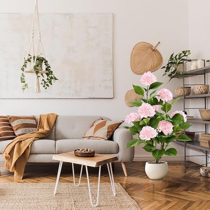 3FT Artificial Hydrangea Tree 2 Pack, Realistic Faux Hydrangea Plants in Pot with Pink Flowers, Lifelike Faux Greenery Home Indoor Outdoor Front Porch Garden or Wedding, Pink