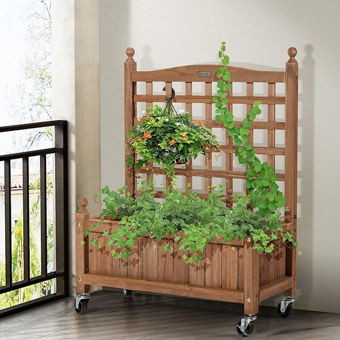 Giantex Mobile Plant Raised Bed, Wood Planter with Lattice Trellis and Wheels, Flower Box for Plant Climbing, Vertical Garden for Balcony Patio Yard (1, 25"x 11"x 32.5")
