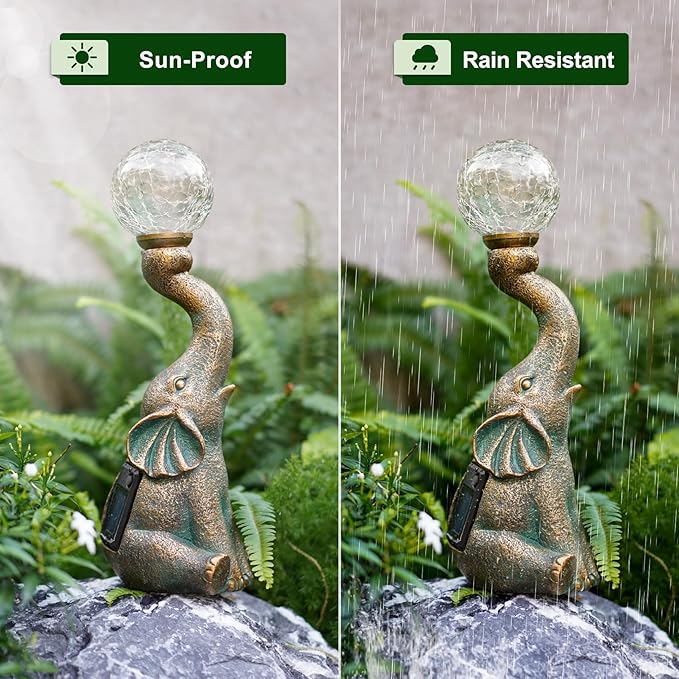 Solar Outdoor Elephant Statue Gifts Garden Decoration Lights with 8 LED Crackle Ball, Lucky Elephant Sculpture for Yard Patio, Birthday Gifts for Mom Outdoor & Home Housewarming Decor