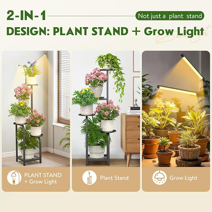 TOSKING 47" Tall 5-Tier Square Iron Plant Stand with Detachable Grow Light ,Heavy Duty Corner Flower Shelf for Indoor Use, Metal Pot Rack for Living Room, Bedroom, Office, Black