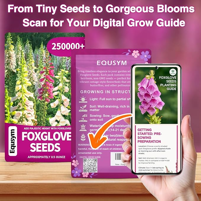 250,000+ Foxglove Seeds Bulk Pack - Tall Spire Blooms, Mixed Colors for Garden Borders, Easy Planting for Home Gardening - Ideal for Backyard Flower Beds, Landscaping, and Pollinator-Friendly Gardens
