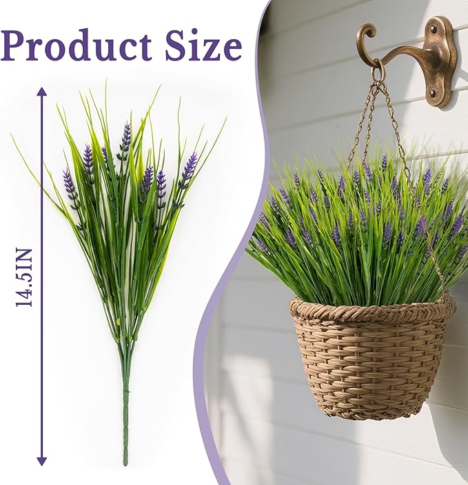 RAINFLOW Christmas Artificial Flowers for Outdoors - 6PCS UV Resistant Fake Plants, Artificial Flowers for Decoration Vase Table Living Room Patio Front Porch Outdoor Yard(14.5"-Purple Lavender)