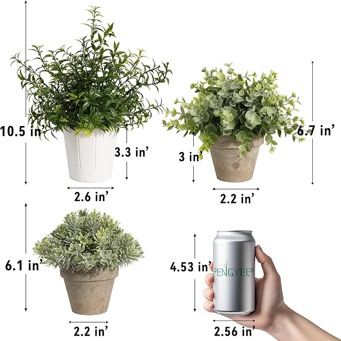 4 Pack Small Fake Plants in White Pulp Pot for Home Decor, Artificial Plants Indoor, Small Faux Plants Indoor for Bathroom Bedroom Kitchen Office Farmhouse Room Shelf Decor