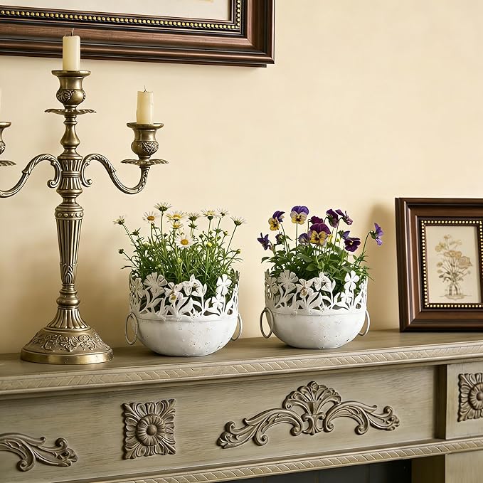 3 Piece Vintage Metal Planter Set, Rustic Distressed Farmhouse Flower Pots with Handles for Indoor Outdoor Garden, Tabletop Centerpieces & Wedding Decor